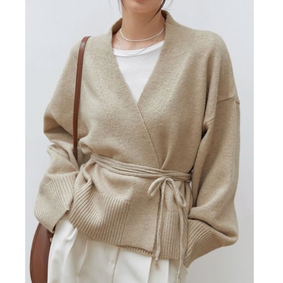 Rouge! Sweaters - Oatmeal Beige Knit Kimono Sweater Tie Belt Boxy Loose Fit Drop Shoulder Wrap